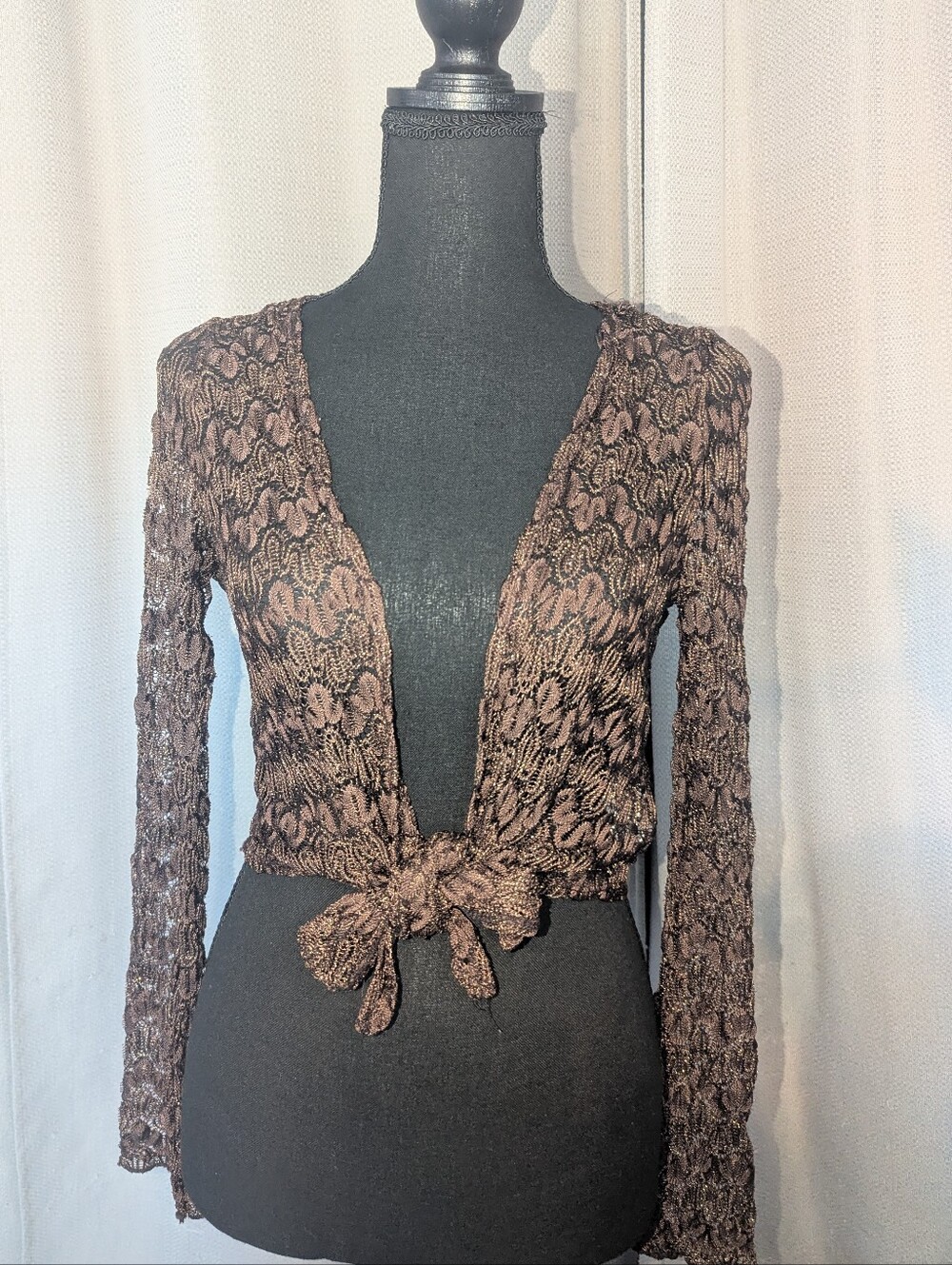 Crochet Tie-Front Brown Lace Crop Top